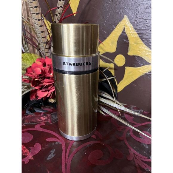 Starbucks 2006 Gold and Silver Metal Insulated 17oz Thermos with Removeable Cup - Picture 1 of 5